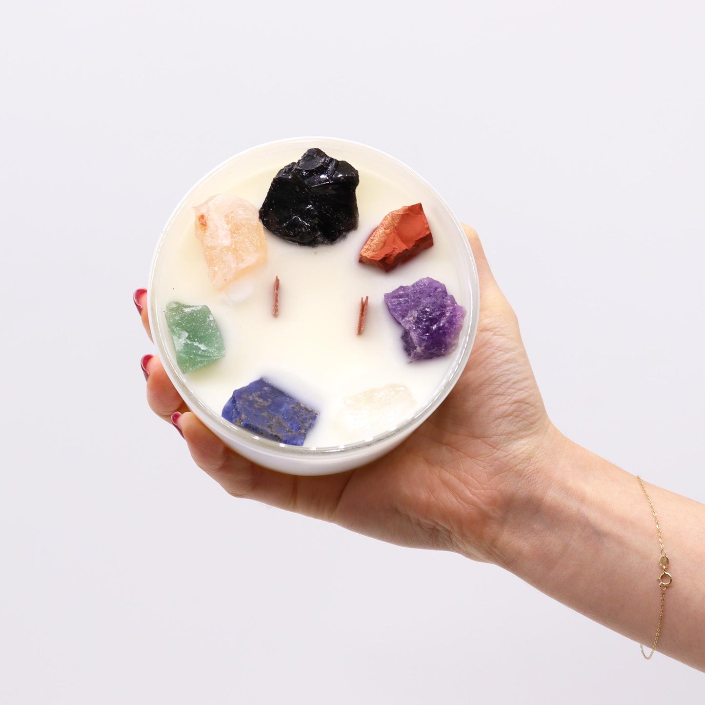 Large Chakra Crystal Candle – Moonstone with Seven Gemstones