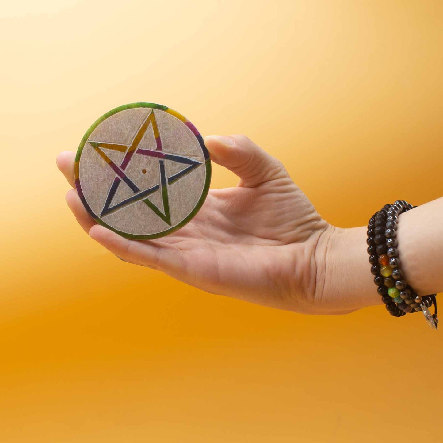 Disc Incense Holder – Pentagon Mandala (Soapstone)