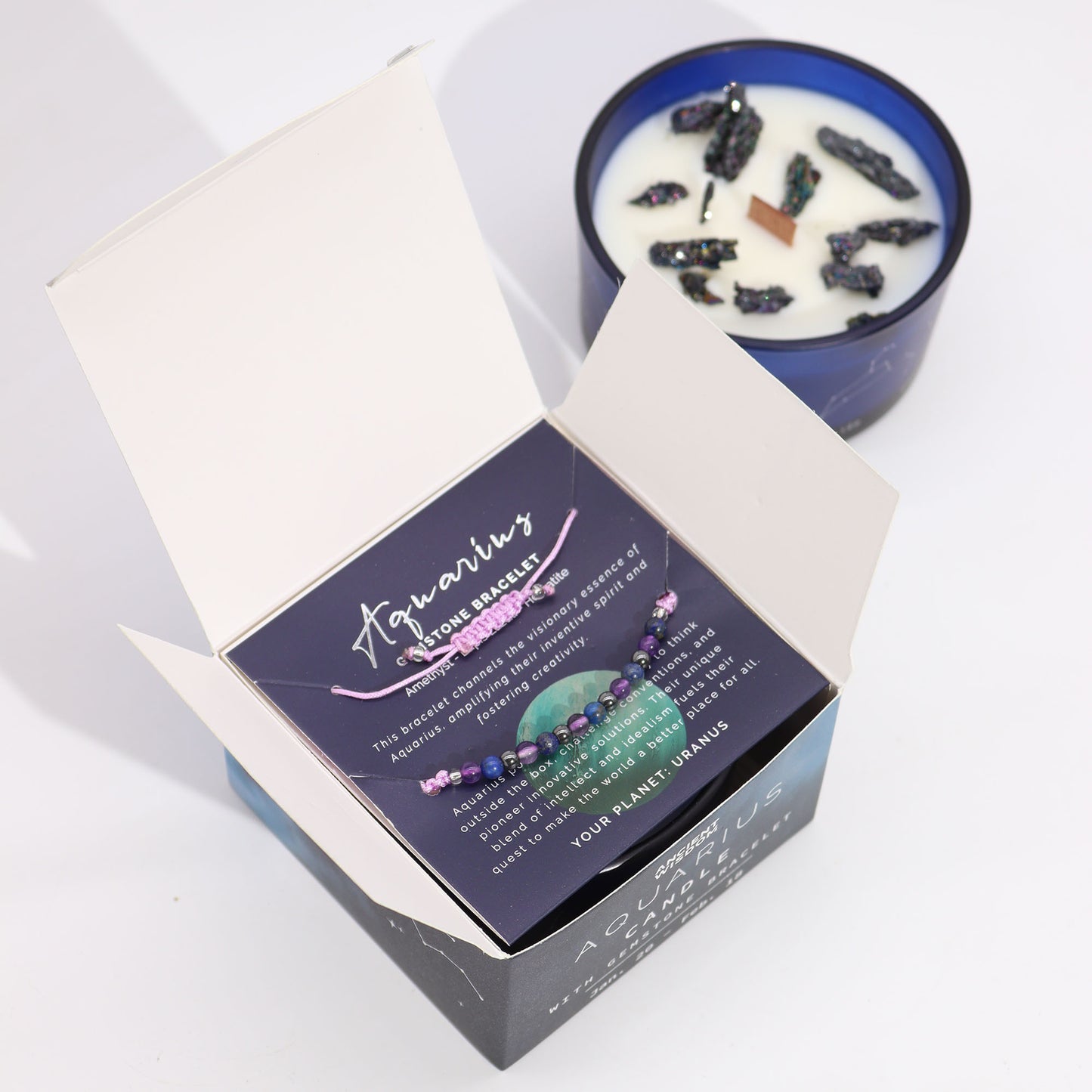Aquarius Zodiac Crystal Candle – Gemstone Bracelet + Ocean Air & Sage