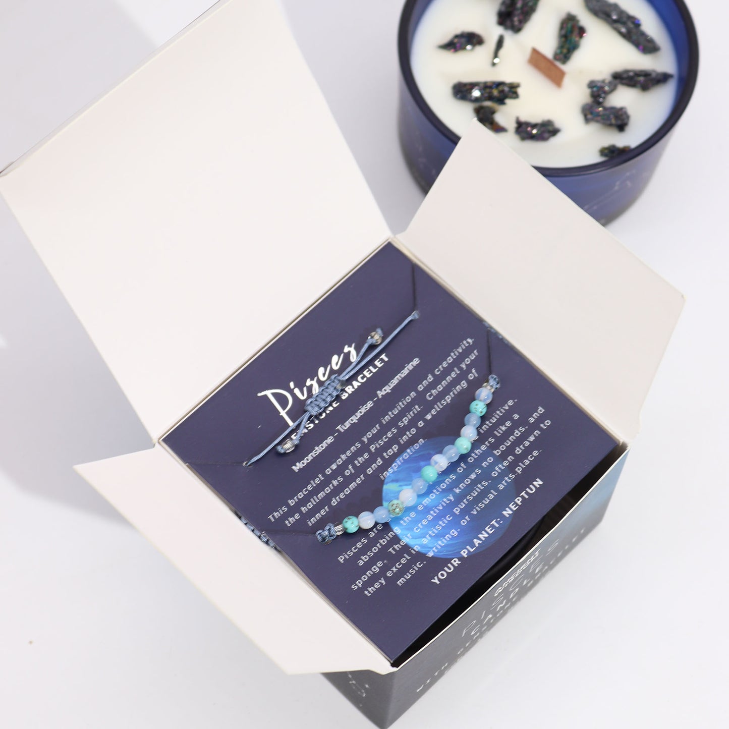 Pisces Zodiac Crystal Candle – Gemstone Bracelet + Lavender & Moonlight