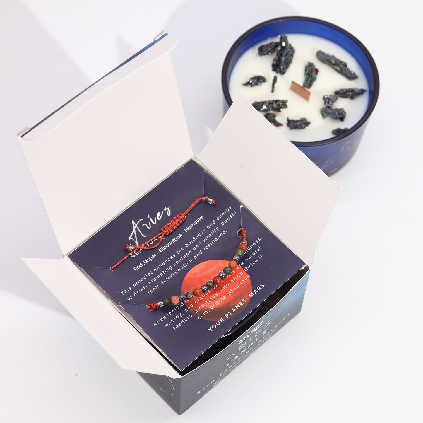 Aries Zodiac Crystal Candle – Gemstone Bracelet + Clear Quartz Freshness