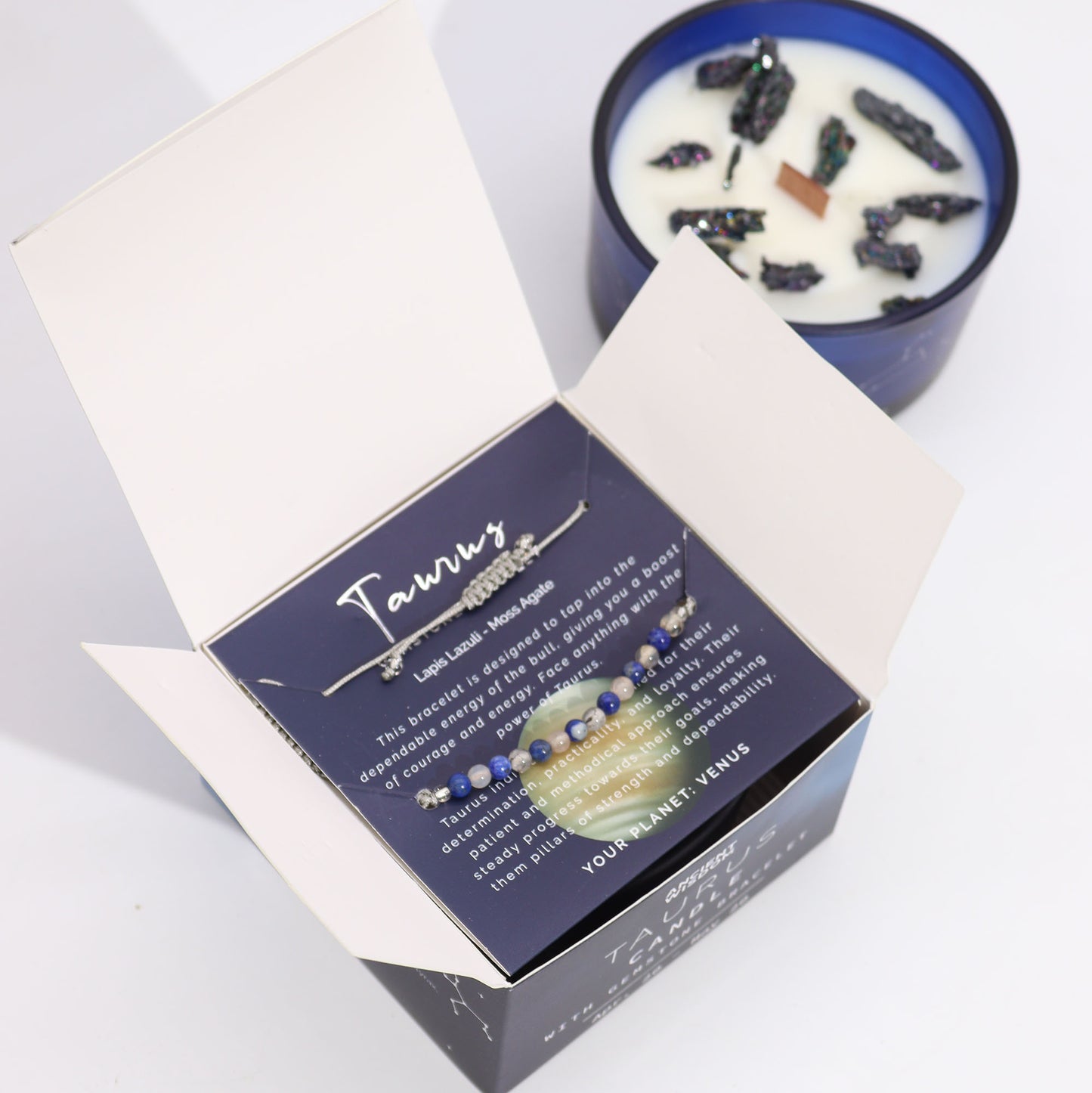 Taurus Zodiac Crystal Candle – Gemstone Bracelet + Forest Emerald & Patchouli