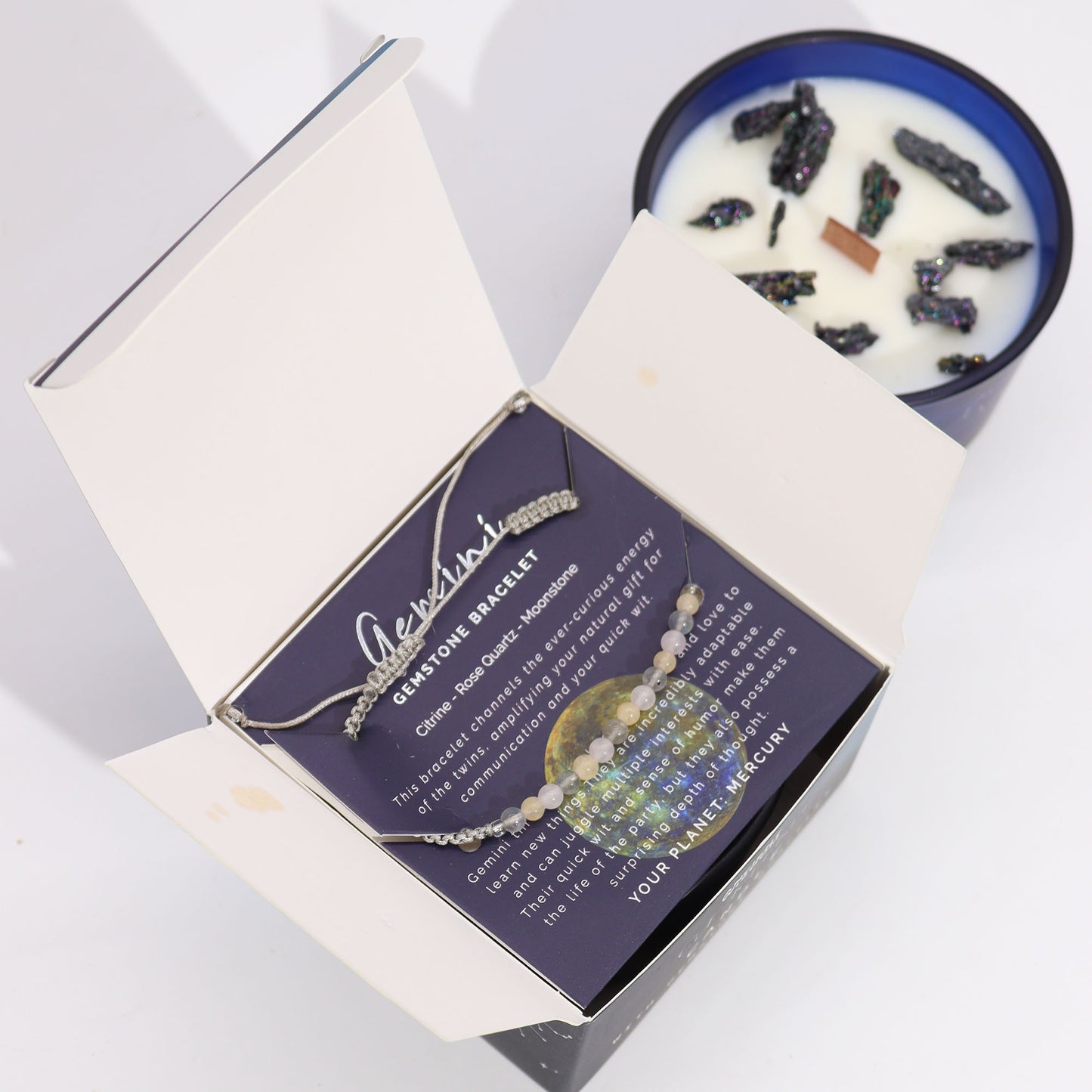 Gemini Zodiac Crystal Candle – Gemstone Bracelet + Oriental Tiger's Eye