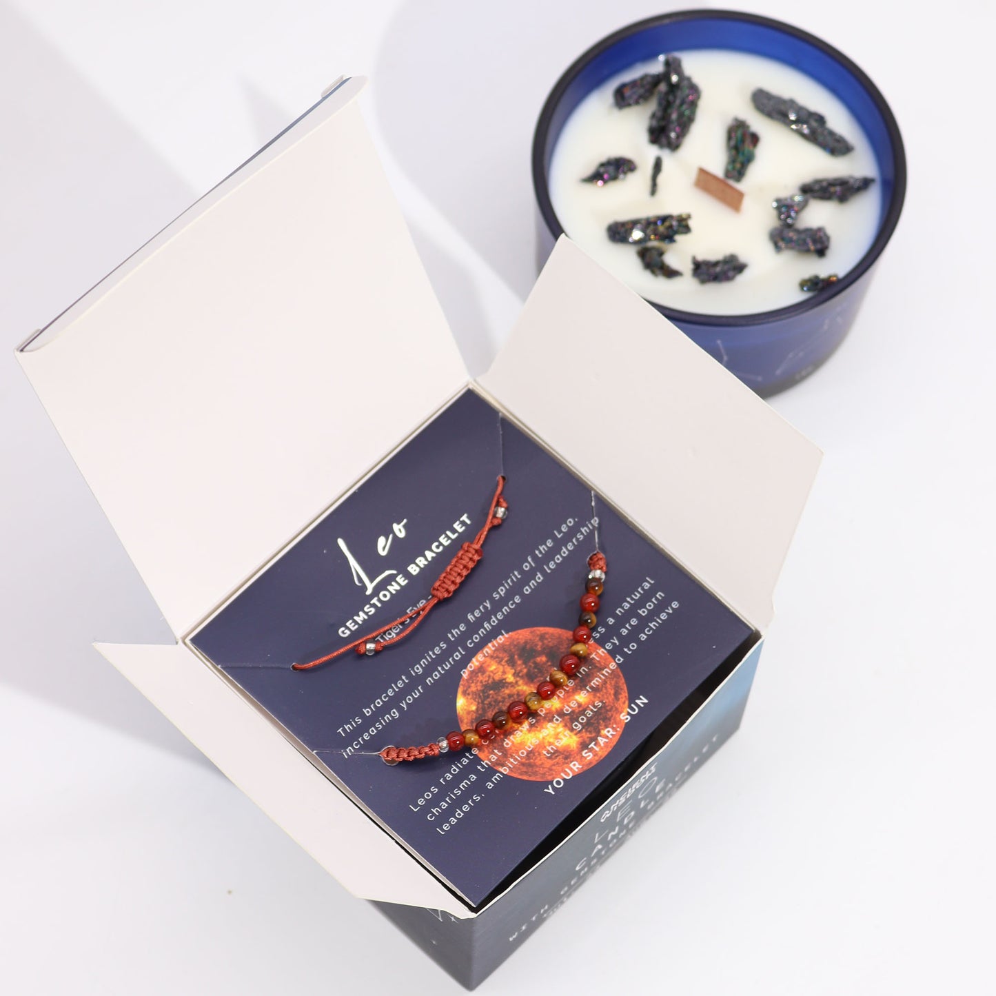 Leo Zodiac Crystal Candle – Gemstone Bracelet + Citrus & Vanilla