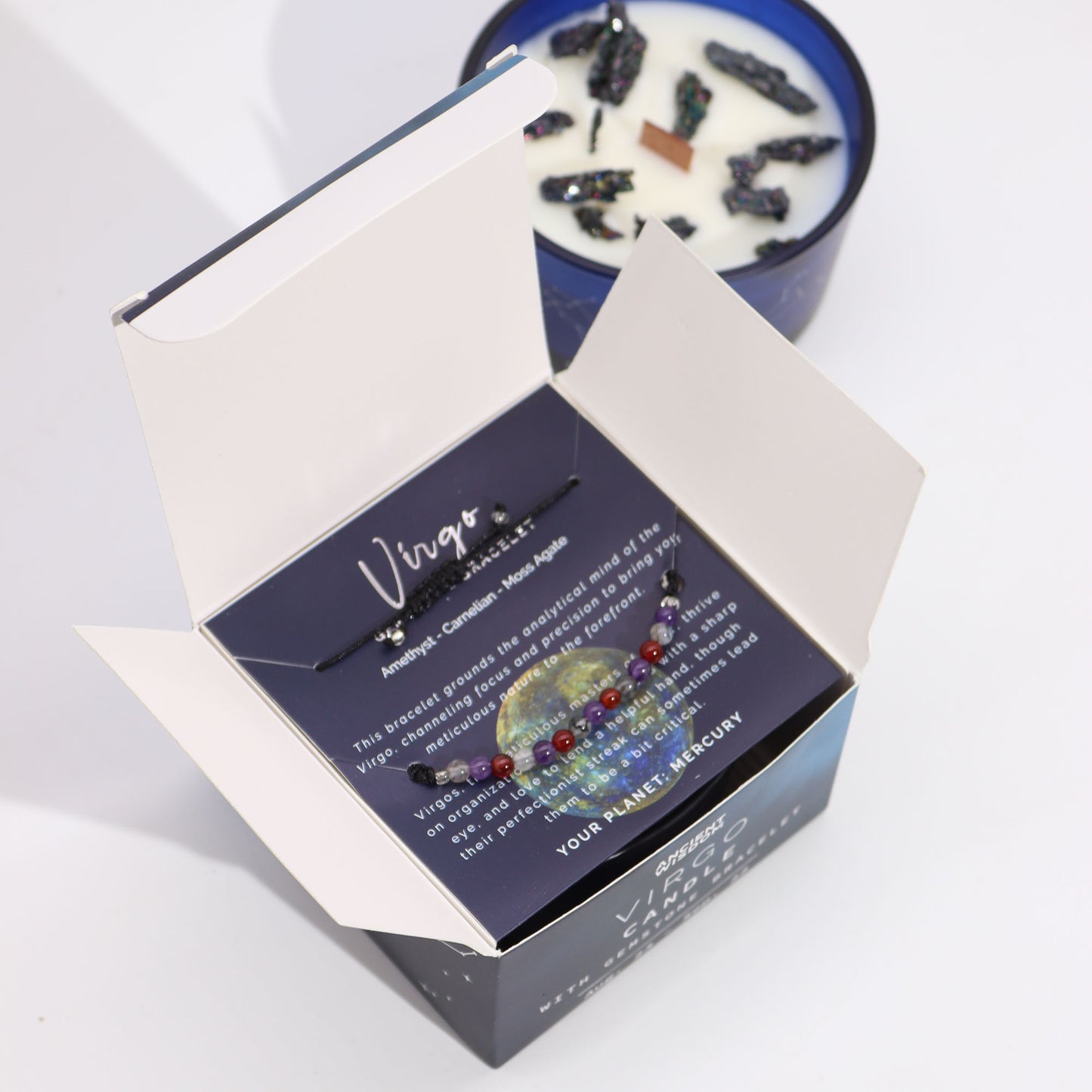 Virgo Zodiac Crystal Candle – Gemstone Bracelet + Clean Cotton Linen
