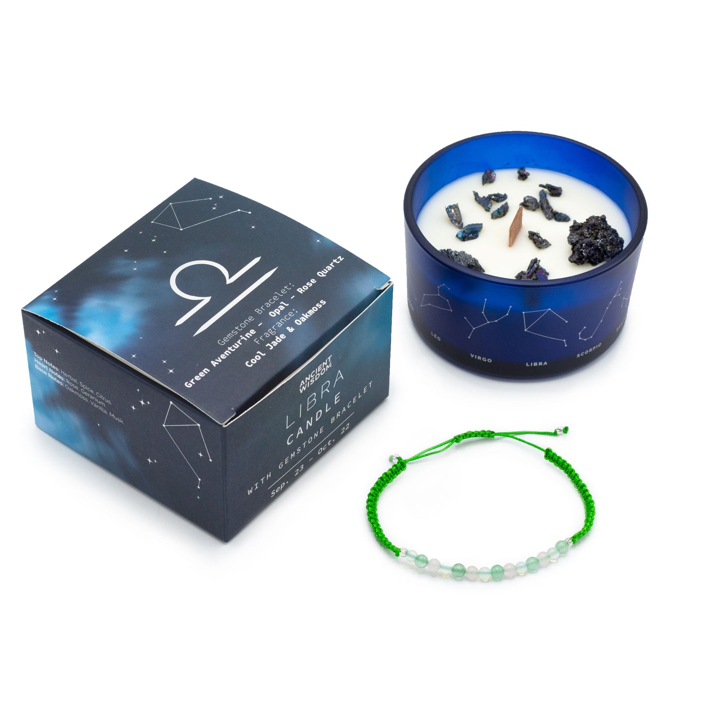 Libra Zodiac Crystal Candle – Gemstone Bracelet + Rose Petal Harmony
