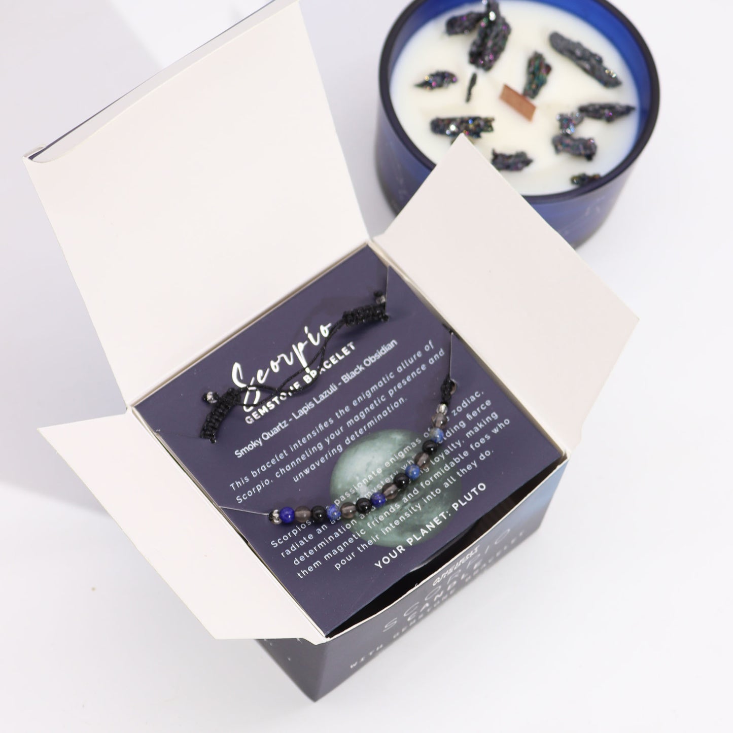 Scorpio Zodiac Crystal Candle – Gemstone Bracelet + Patchouli Musk