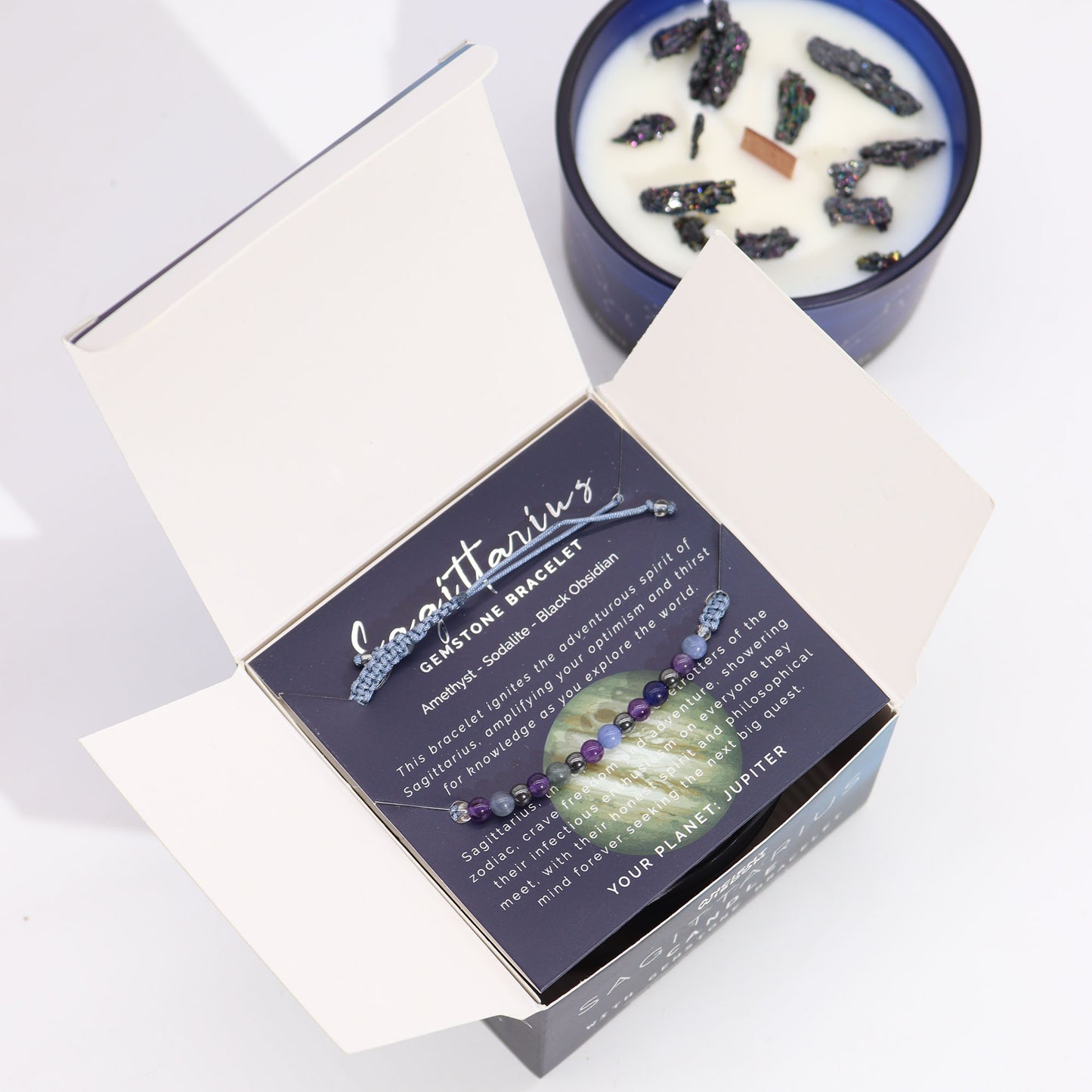 Sagittarius Zodiac Crystal Candle – Gemstone Bracelet + Amber & Citrus Spice
