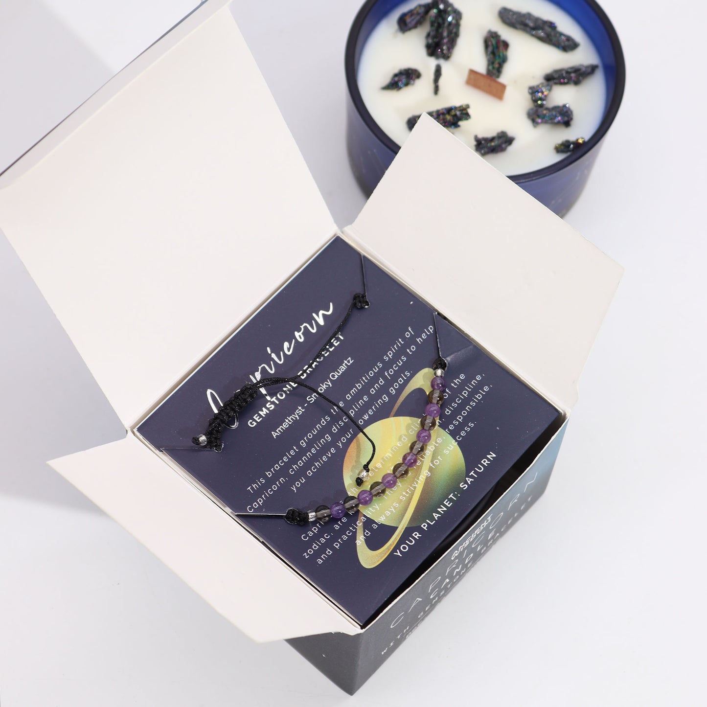 Capricorn Zodiac Crystal Candle – Gemstone Bracelet + Cedar & Amber Earth