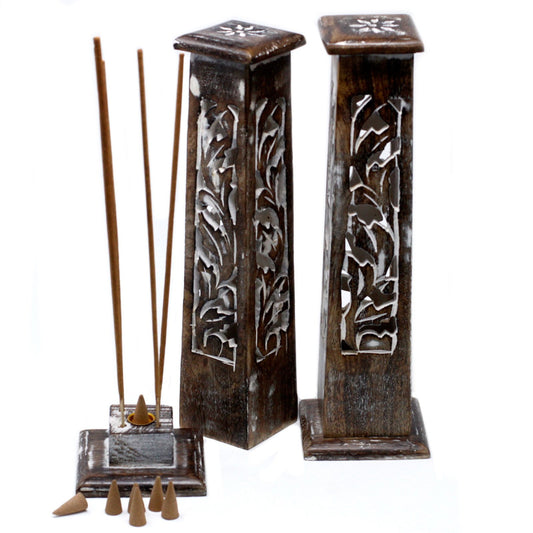 Tapered Incense Tower – Washed Design 2 (Mango Wood)
