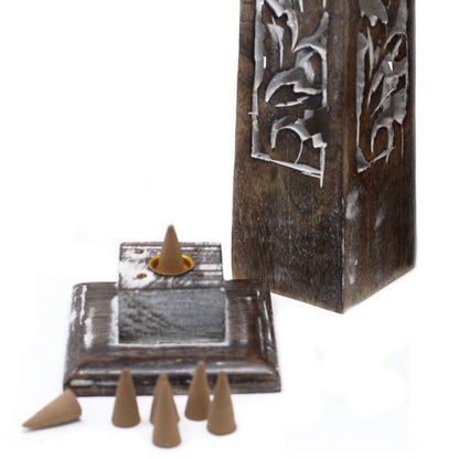 Tapered Incense Tower – Washed Design 2 (Mango Wood)