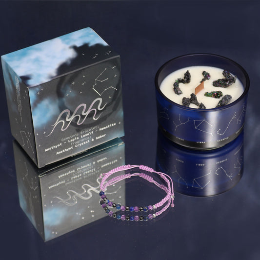 Aquarius Zodiac Crystal Candle – Gemstone Bracelet + Ocean Air &amp; Sage