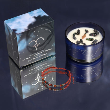 Aries Zodiac Crystal Candle – Gemstone Bracelet + Clear Quartz Freshness