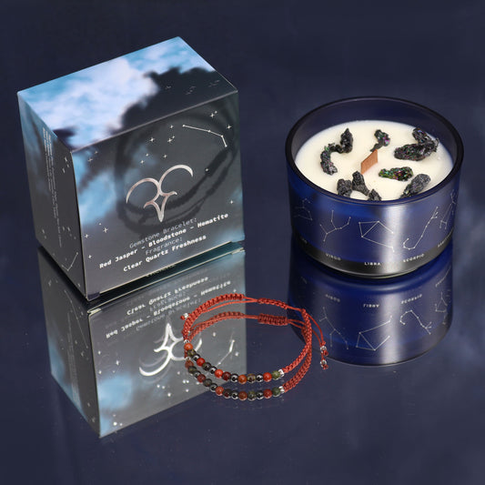 Aries Zodiac Crystal Candle – Gemstone Bracelet + Clear Quartz Freshness