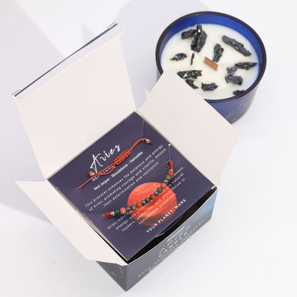 Aries Zodiac Crystal Candle – Gemstone Bracelet + Clear Quartz Freshness