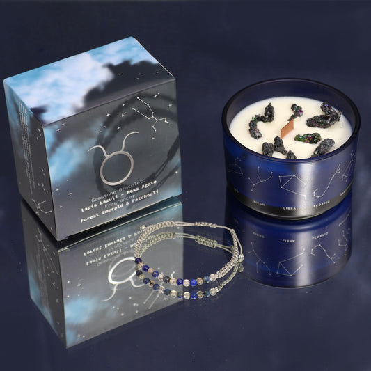 Taurus Zodiac Crystal Candle – Gemstone Bracelet + Forest Emerald &amp; Patchouli