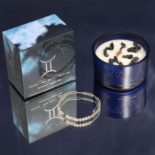 Gemini Zodiac Crystal Candle – Gemstone Bracelet + Oriental Tiger's Eye