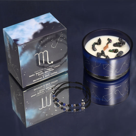 Scorpio Zodiac Crystal Candle – Gemstone Bracelet + Patchouli Musk