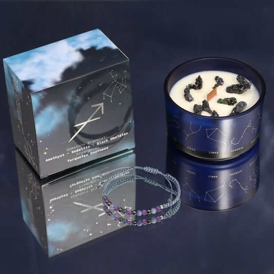 Sagittarius Zodiac Crystal Candle – Gemstone Bracelet + Amber &amp; Citrus Spice