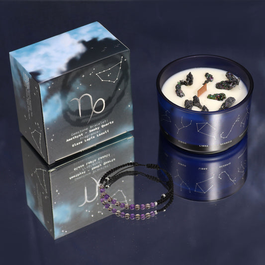 Capricorn Zodiac Crystal Candle – Gemstone Bracelet + Cedar &amp; Amber Earth